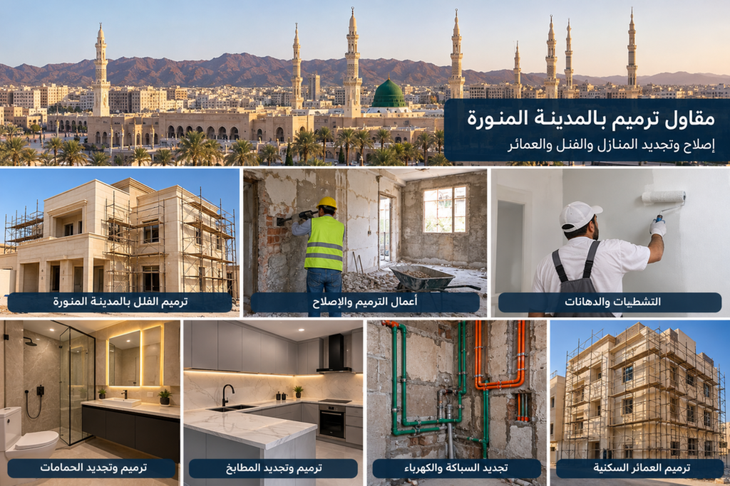 مقاول ترميم بالمدينة المنورة أثناء تنفيذ أعمال ترميم واجهة فيلا سكنية